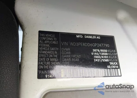 2016 Mercedes-Benz Sprinter 2500 High Roof/High Roof from USA, damaged, VIN WD3PE8DD6GP247790